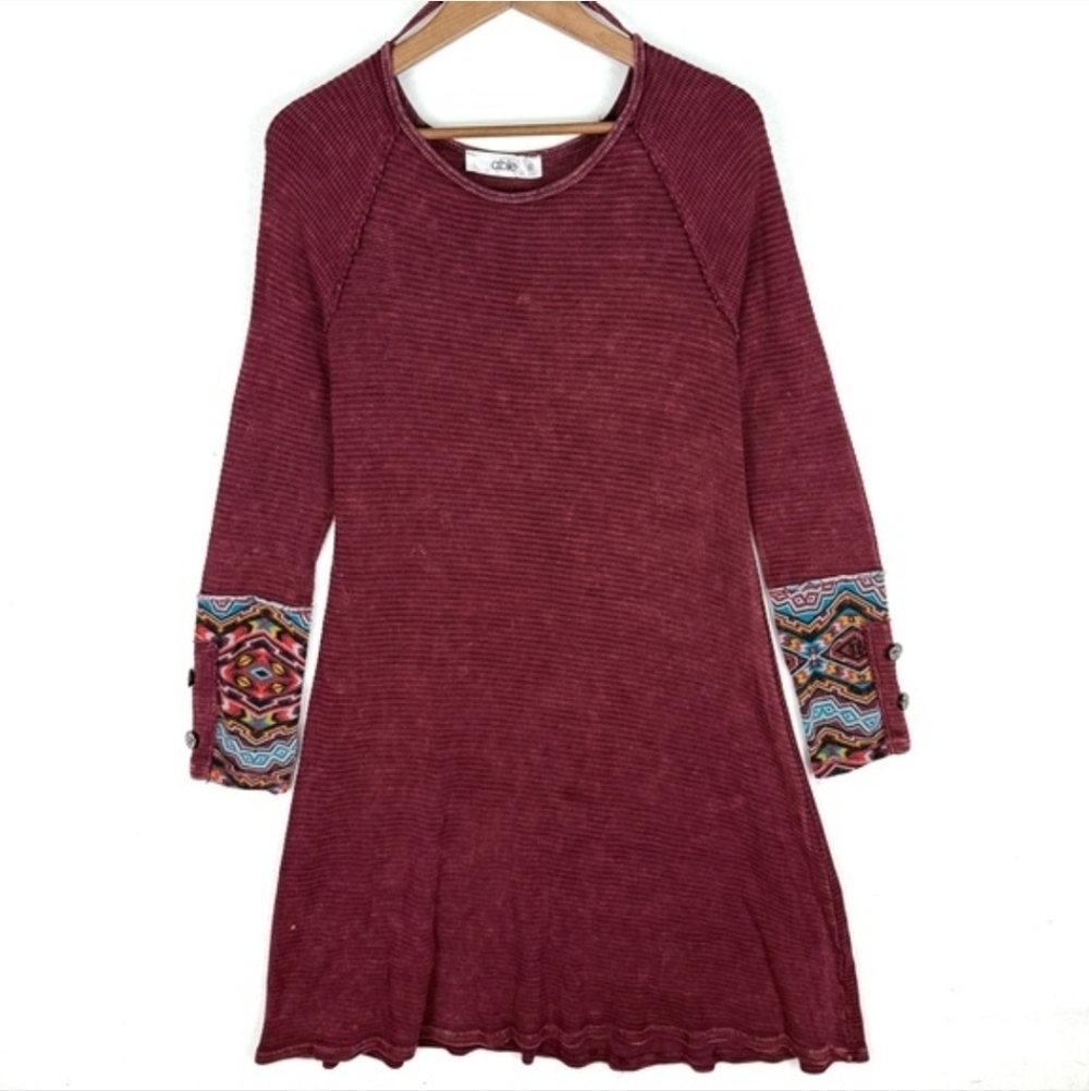 ABLE Women’s Boho Distressed Waffle Knit Long Sleeve Midi Dress M USA Made